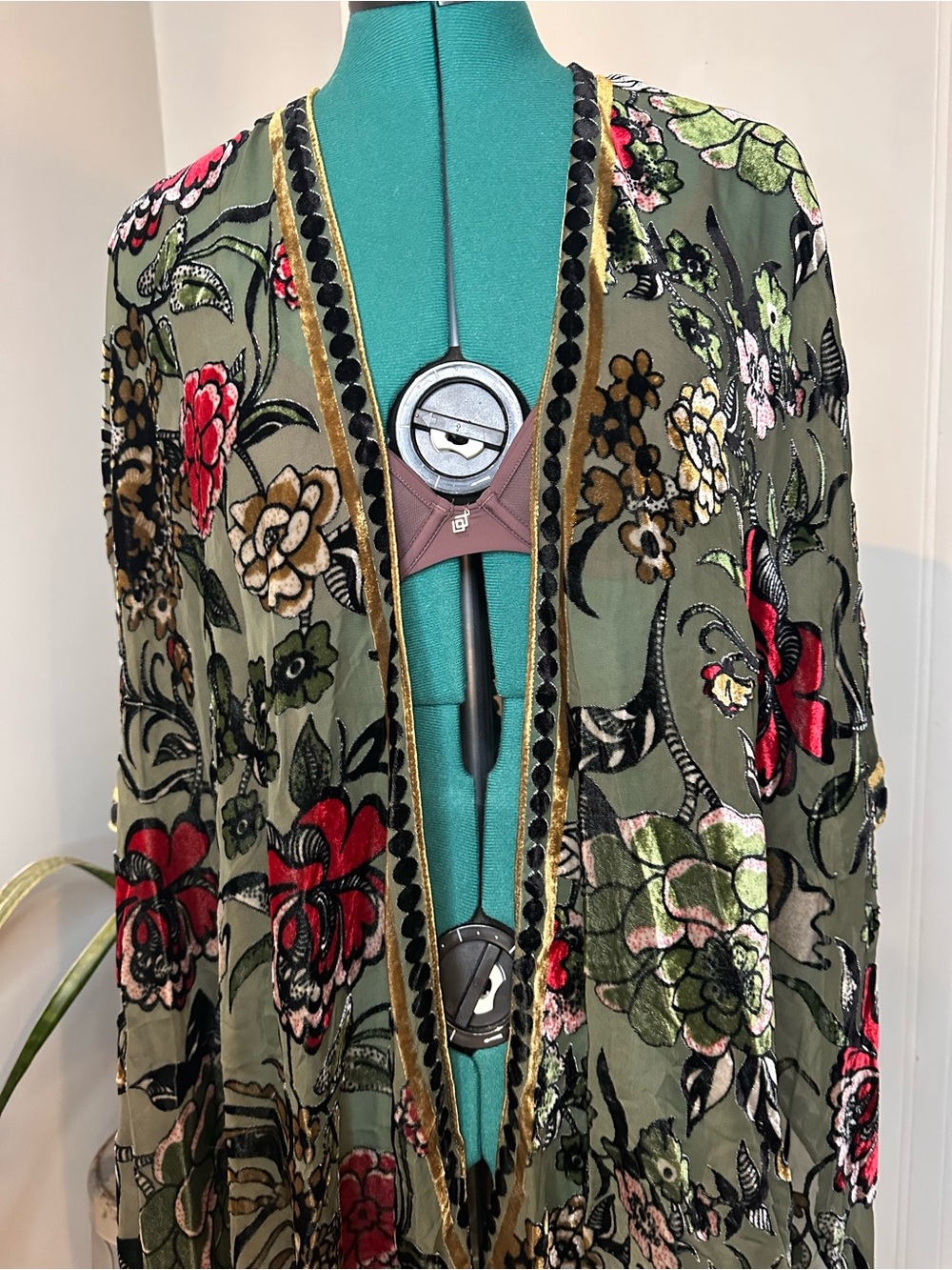 Olive Floral Embroidered Sheer Kimono with Red & Green Accents one size - Picture 11 of 11
